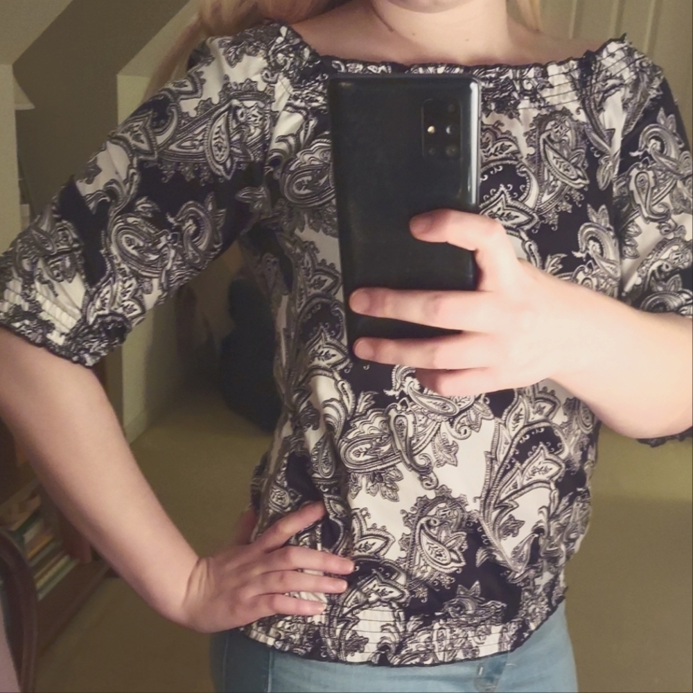 Black and White Satin Blouse with boat neck and ruched features, Size Small